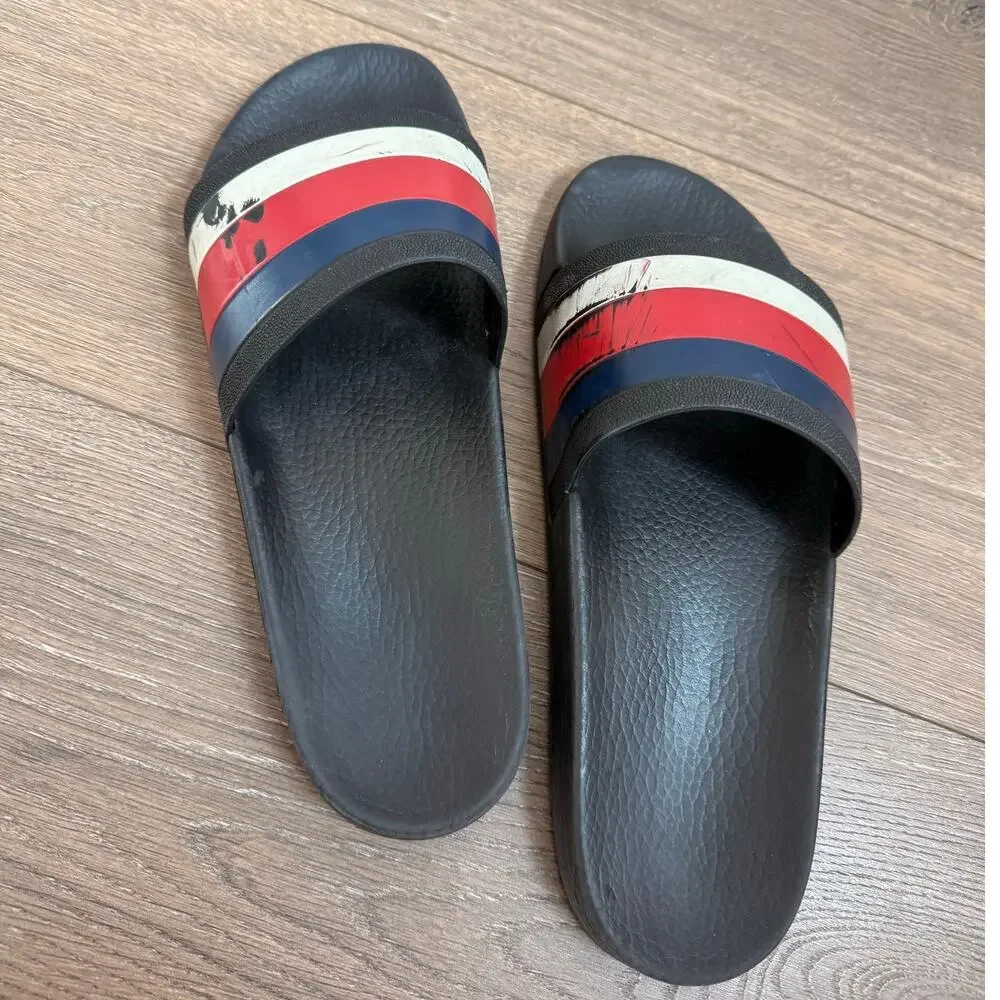 GUCCI 308234 Benassi Tricolor Color Shoes US 10 Shower Sandals Pool Rubber White